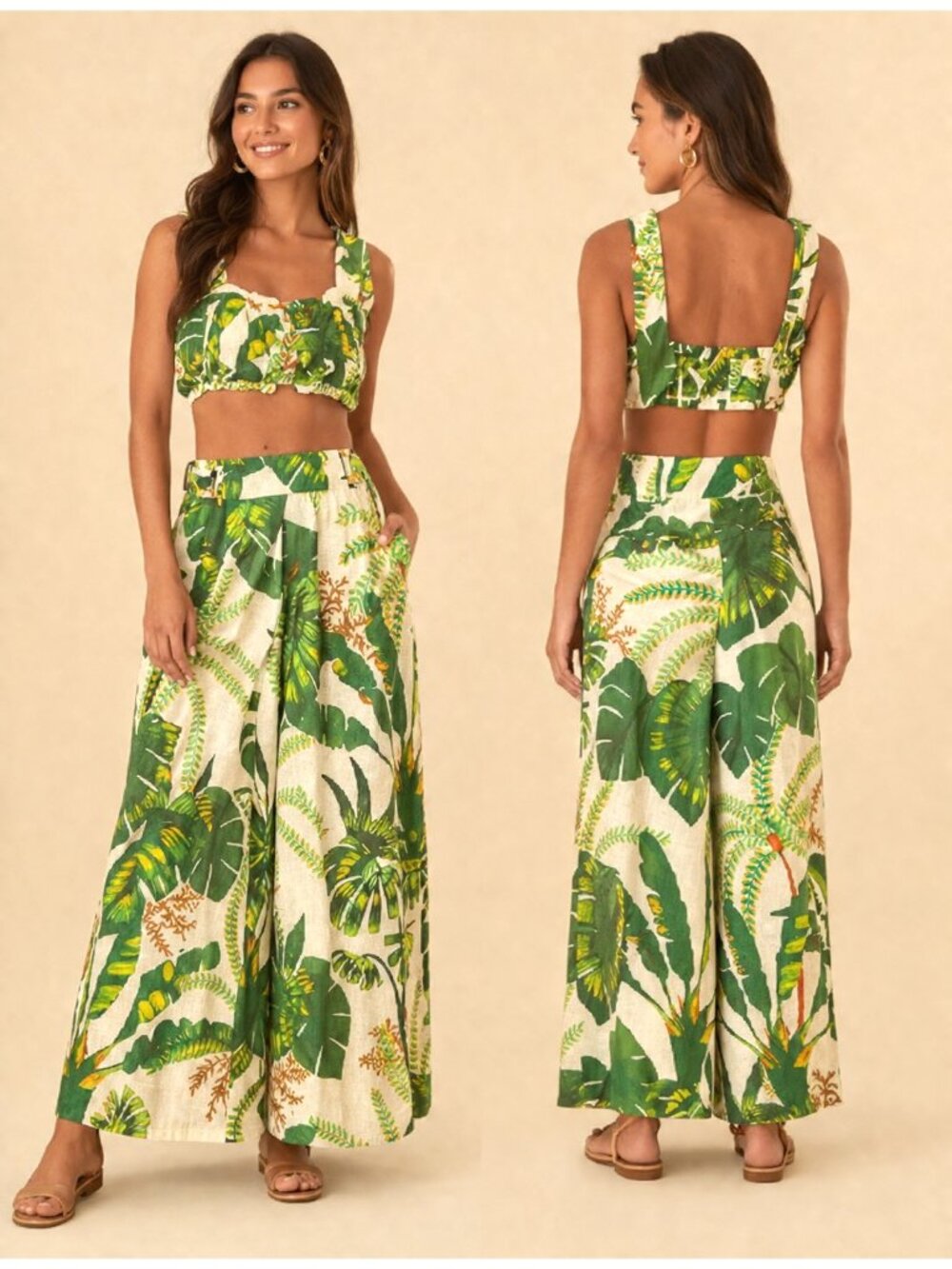 FARM RIO Tropical Forest 100% Linen Crop Top + Wide Pants 2 PC Set Suit
